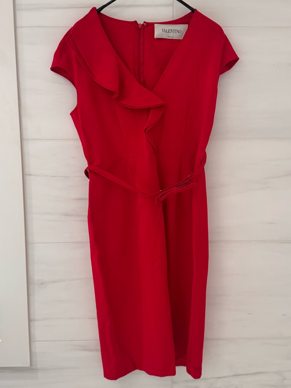 Valentino Red Ruffle Front Belted Midi Dress Size 12